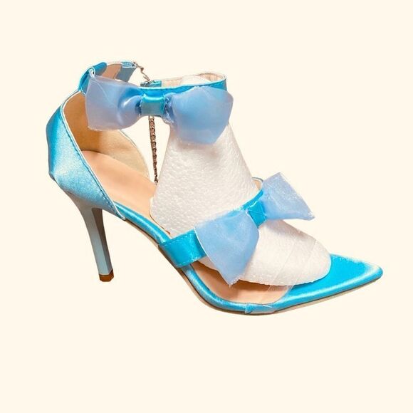 Blue Strappy Bow Pointed Toe Stiletto Sandal Heel Size 7.5 New - Picture 2 of 11
